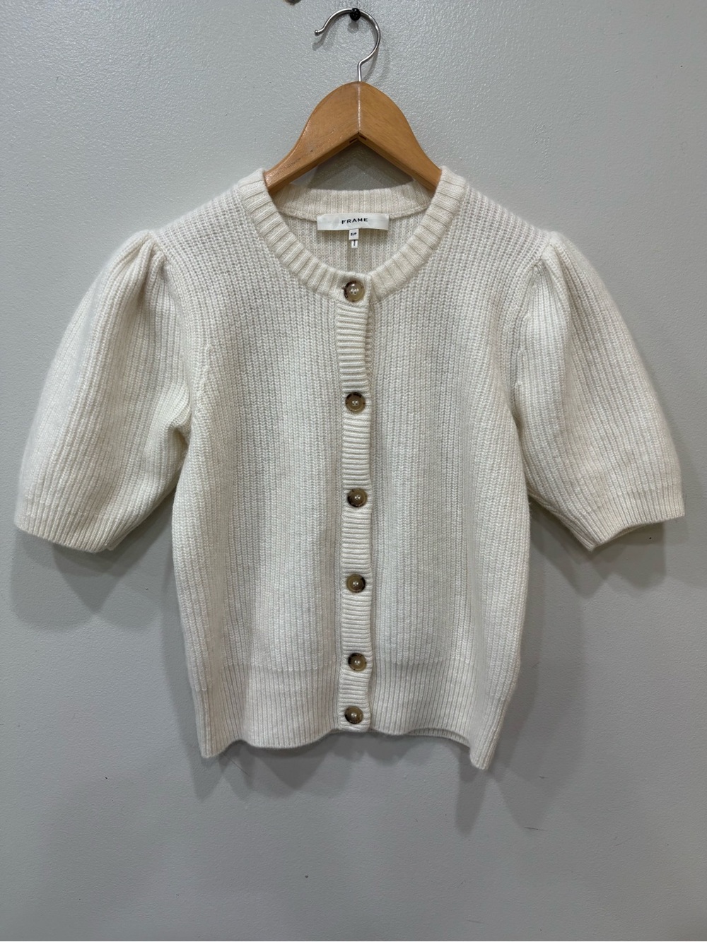 Frame Shrunken Wool Cashmere Puff Sleeve Cream Cardigan Sweater Women’s Small
